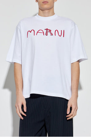 Marni White T-Shirt With A Logo And Velvet Finish
