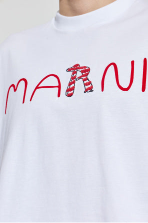 Marni White T-Shirt With A Logo And Velvet Finish